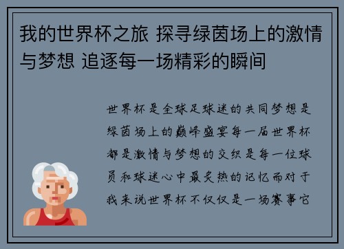我的世界杯之旅 探寻绿茵场上的激情与梦想 追逐每一场精彩的瞬间